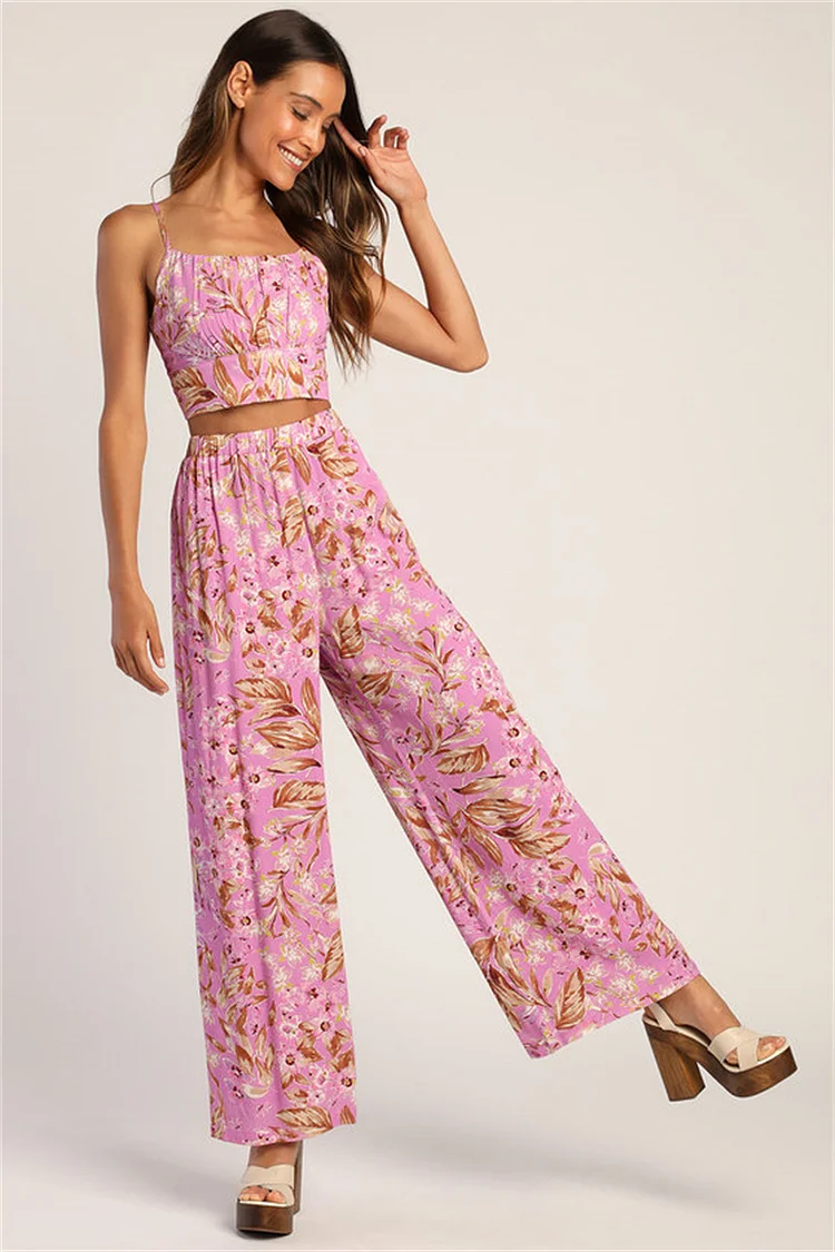 Casual Printed Crop Top and Wide Leg Pants Two Set