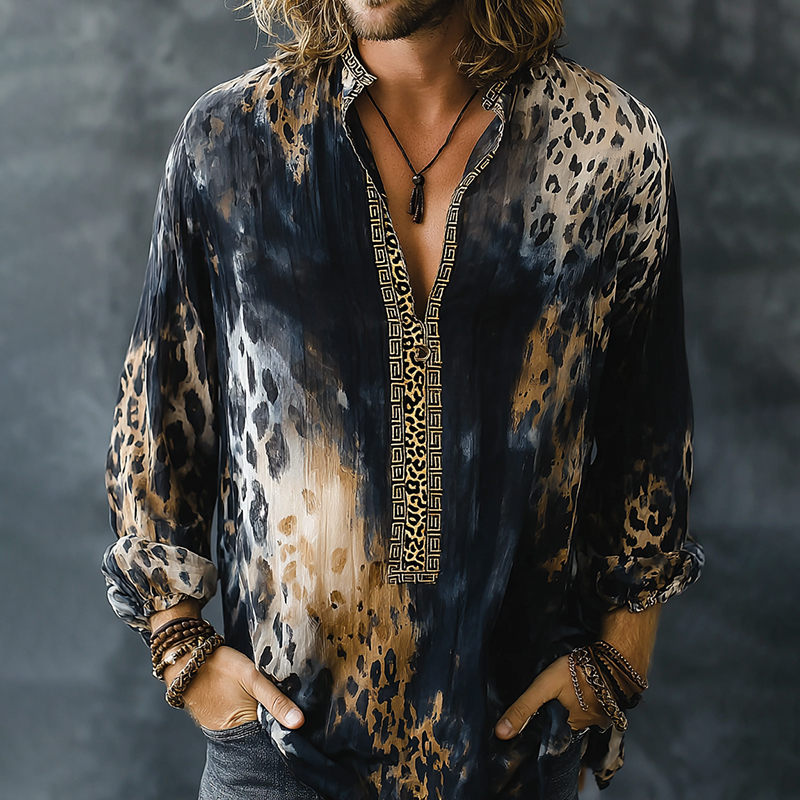 Men's Retro Marble Art Pattern Leopard Print Linen Blend Loose Tops elevenforest