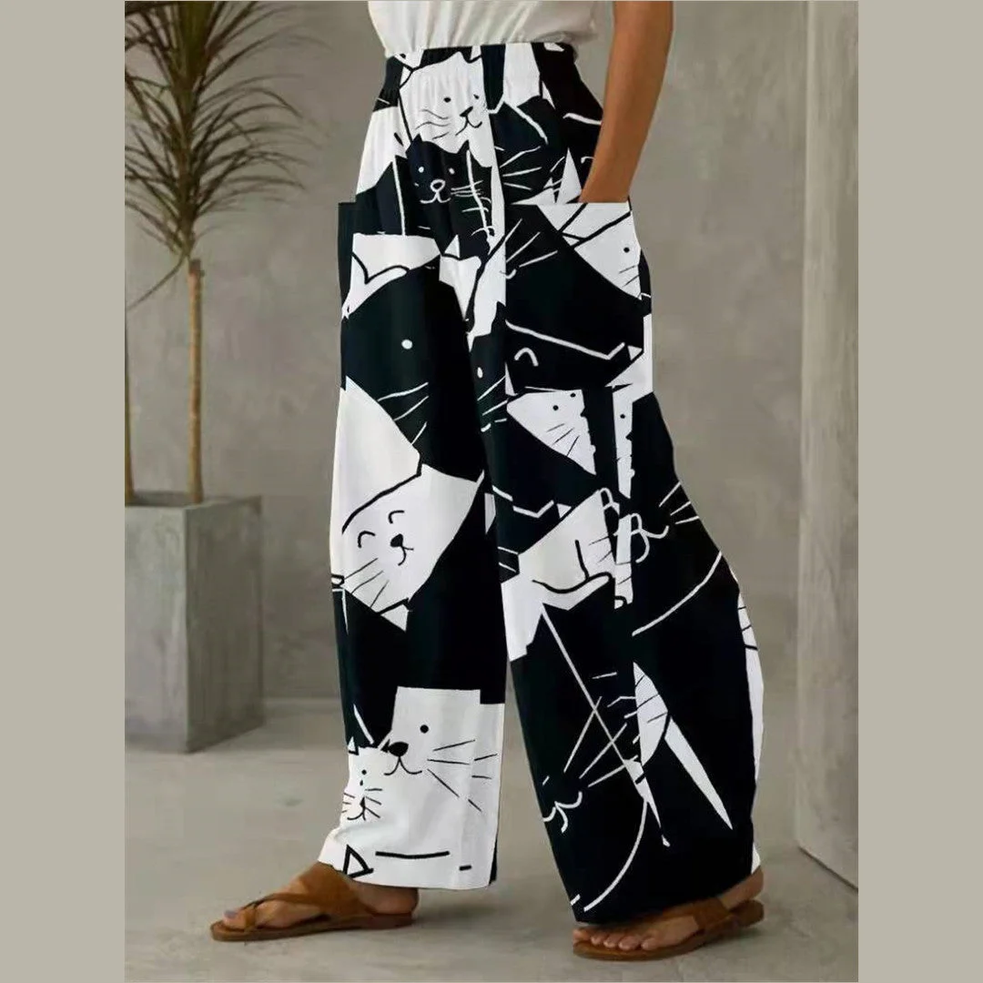 Women's Pant Printed High Waist Pocket Loose Casual Pants