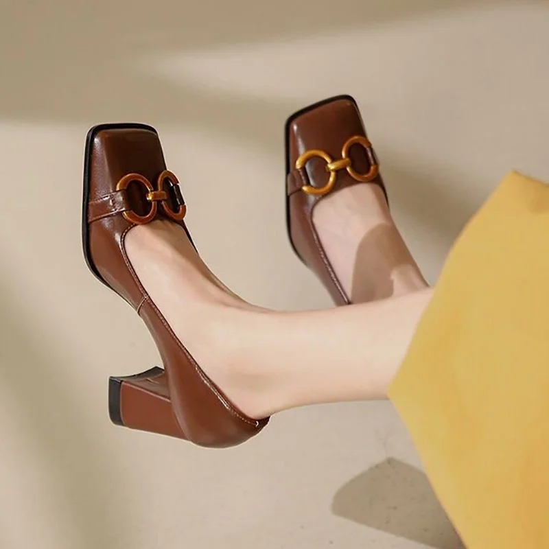 Yyvonne Women's Dress Shoes Metal Pumps Square Toe Boat Shoes New Autumn Woman High Heels Offce Lady Shoes Elegant Pumps White 9716N