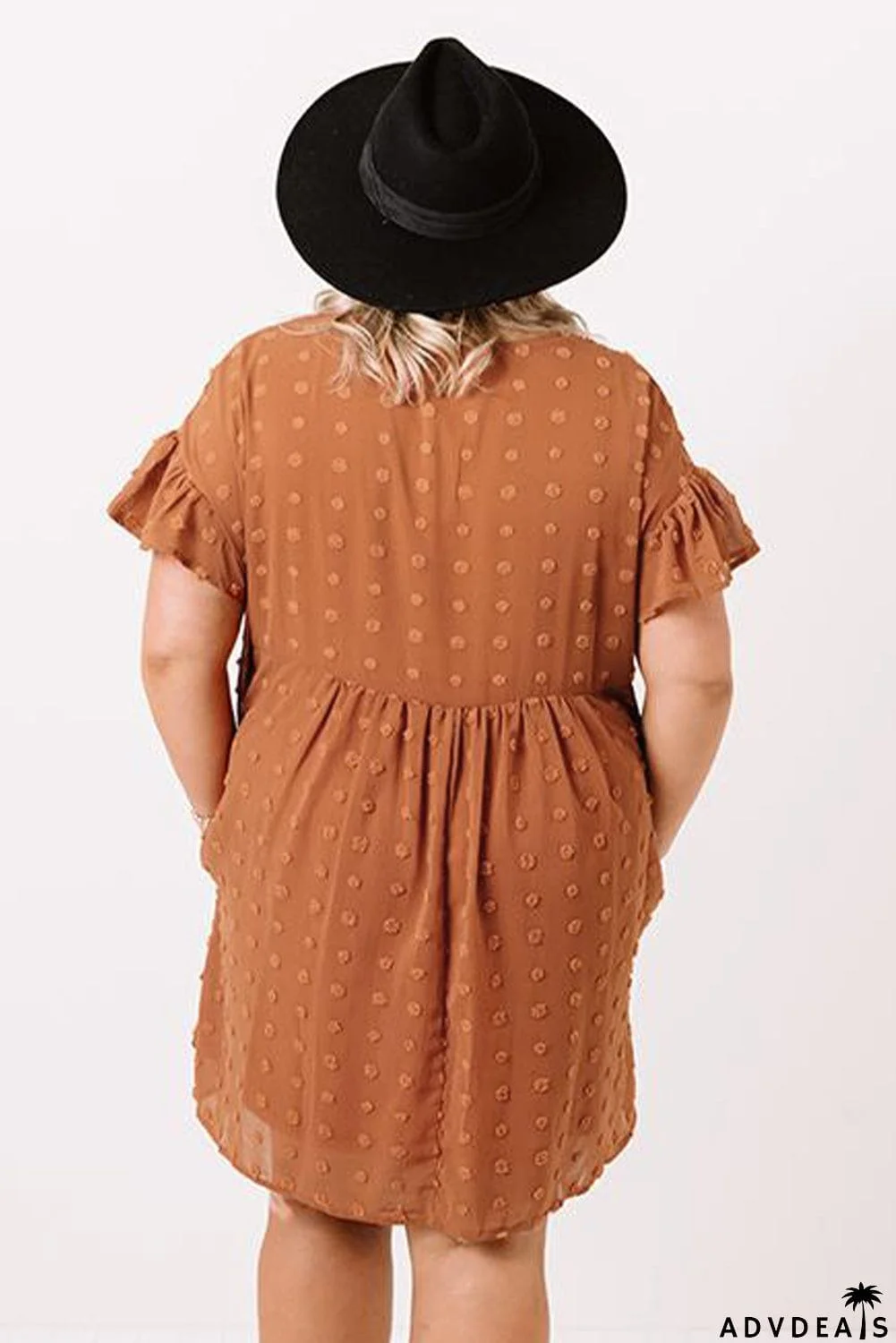 Plus Size V Neck Ruffle Swiss Dot Mini Dress with Pocket