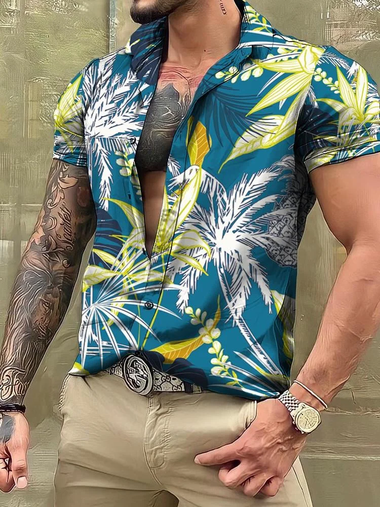 Men's Hawaiian Coconut Tree Print Short Sleeve Shirt at Hiphopee