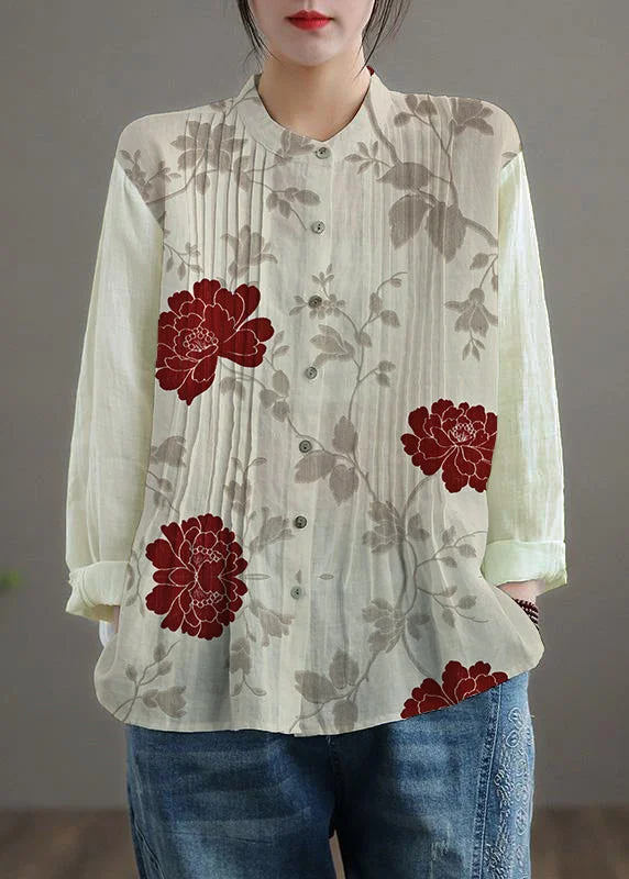 Organic Red peony Linen Shirt Tunics Women Ramie Blouse