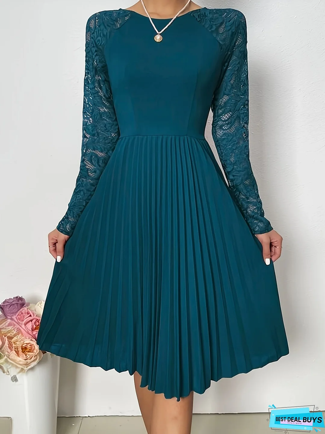 Lace Long Sleeve Pleat Dress, Elegant Crew Neck Flare Dress, Women's Clothing