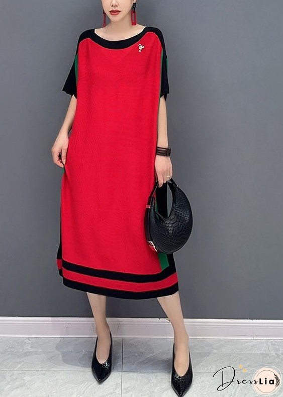 Loose Red O-Neck Knit Sweater Dresses Short Sleeve