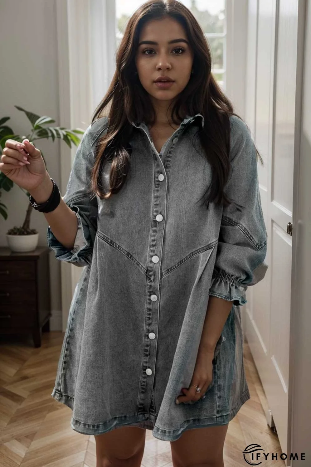 down loose short sleeve denim jean dress drop shoulder a line paneled peasant closed bateau v neck dress | IFYHOME