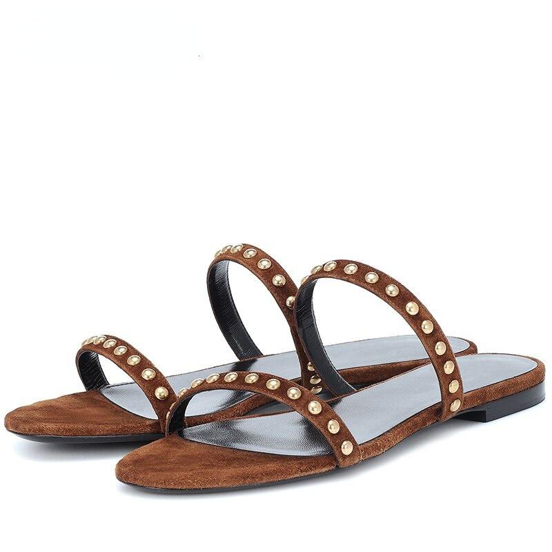 Flat Sandals For Women Studded Black Sandals With Studs Brown Flats Slippers Womens Slides Beach Sandal