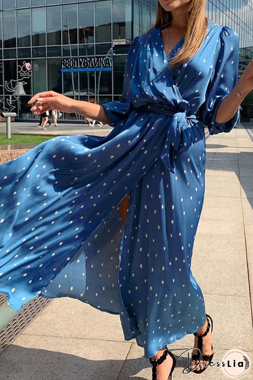 Fashion Elegant Polka Dot Split Joint With Belt V Neck Dresses