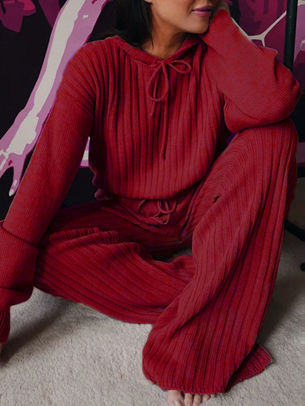 Women's Long Sleeve Hooded Solid Color Two-Piece Set