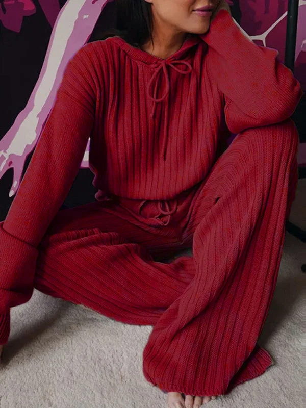 Women's Long Sleeve Hooded Solid Color Two-Piece Set