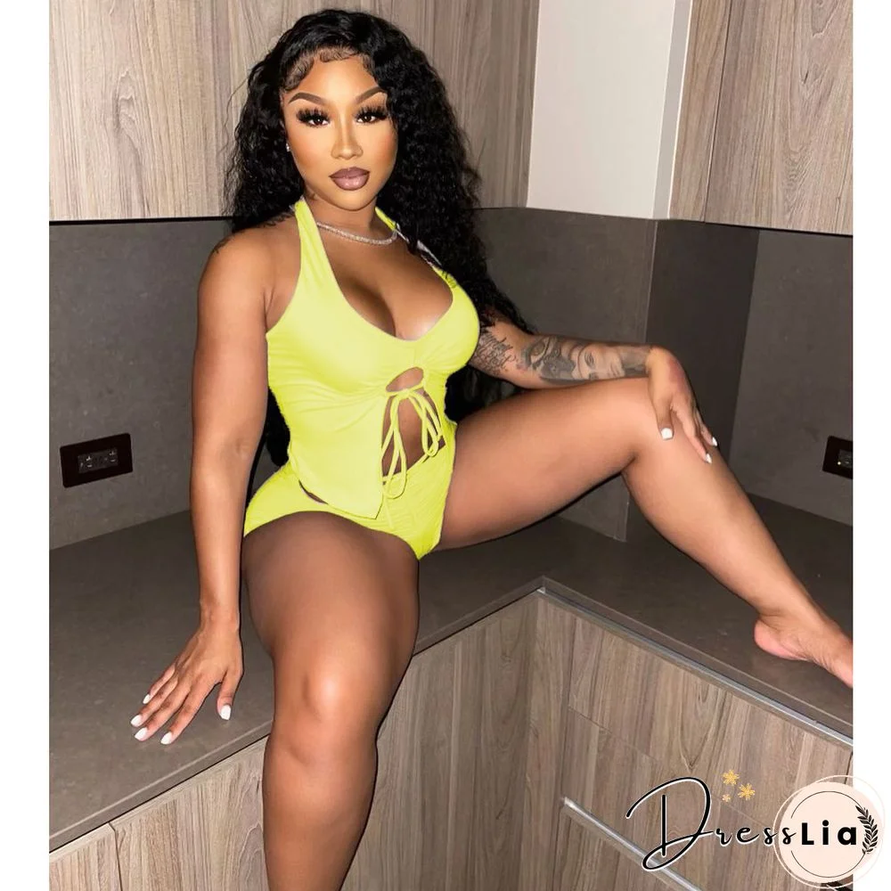 Summer Women Sexy Solid Color Irregular Hollow Out Sleeveless Halter Top Skinny Shorts Two Piece Suit