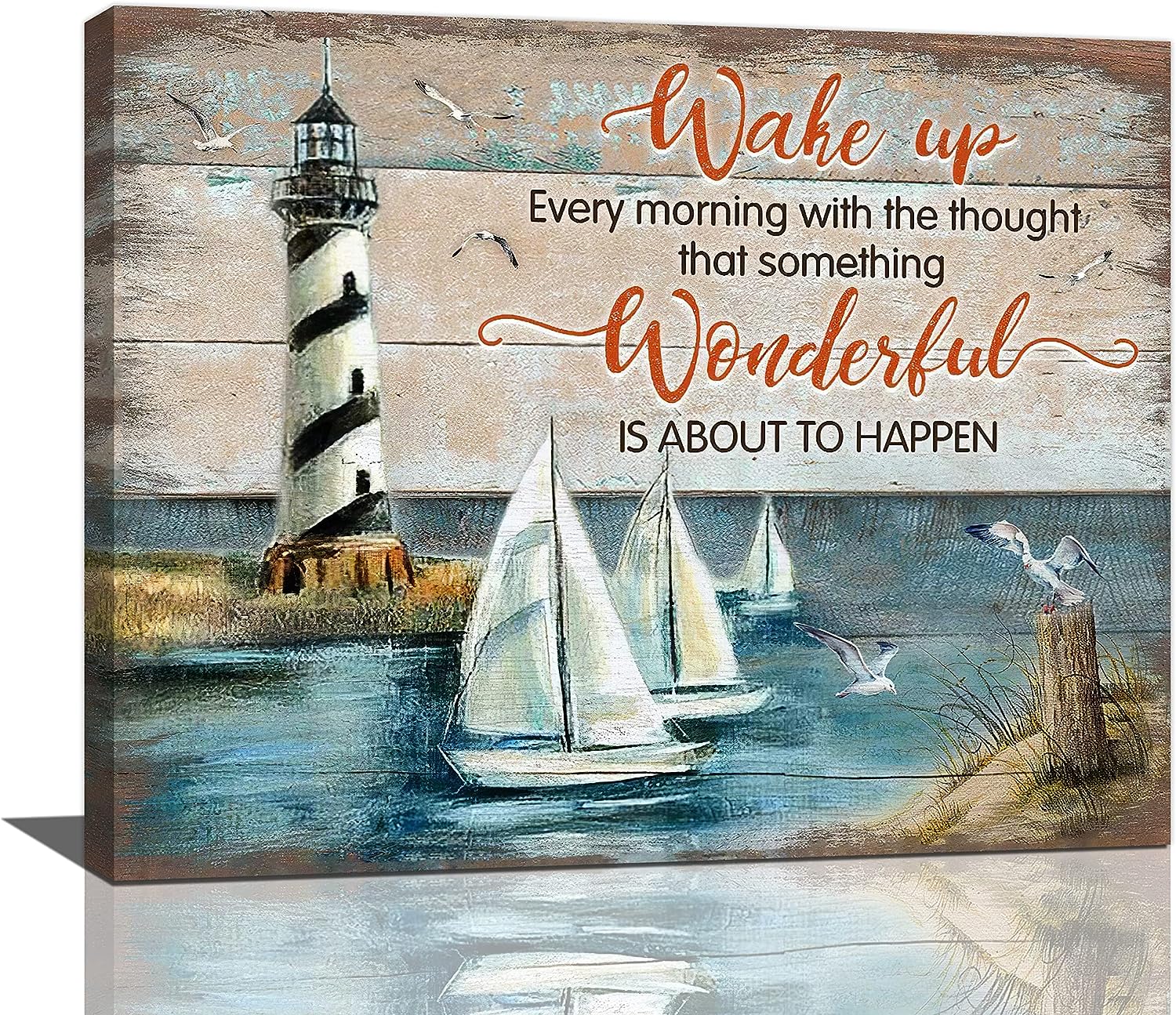 Lighthouse Sailboat Wall Art Coastal Beach Pictures Canvas Prints Ocean Seagulls Painting Framed Nautical Artwork Home Decor for Bathroom Dining Living Room 20 inch x16 inch  16&#034;x20&#034;