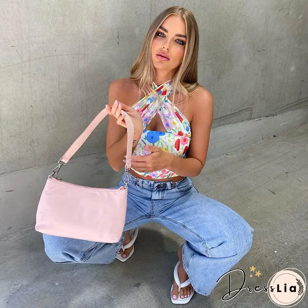 Summer Floral Print Halter Neck Crop Top Women Casual Off Shoulder Backless Mesh Beach Sleeveless Tank Tops Sexy