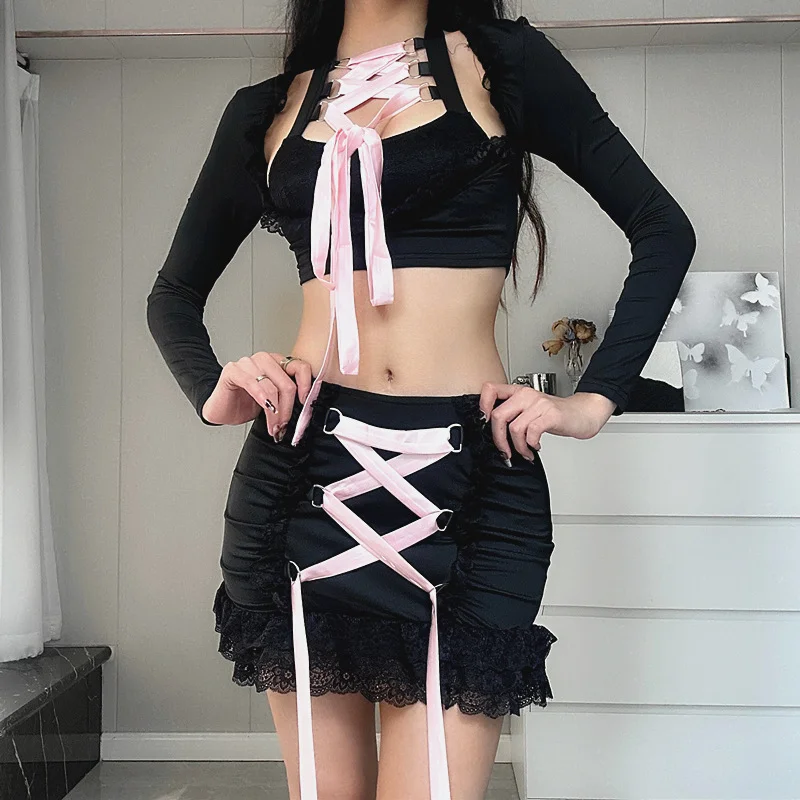 Uveng Uveng Winter New Ins Pure Desire Hot Girl Lace With Long Sleeve Top Lace Splicing Package Buttock Skirt Suit Female