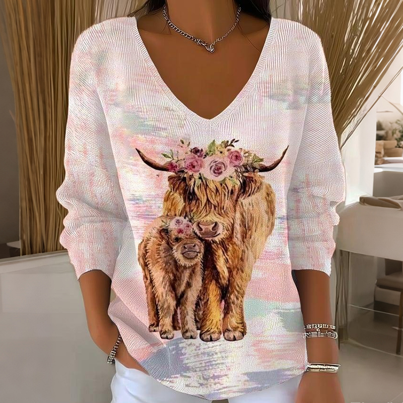 Women's Highland Cow Print V-neck Knit Sweater elevenforest