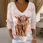 Women's Highland Cow Print V-neck Knit Sweater - Image 2