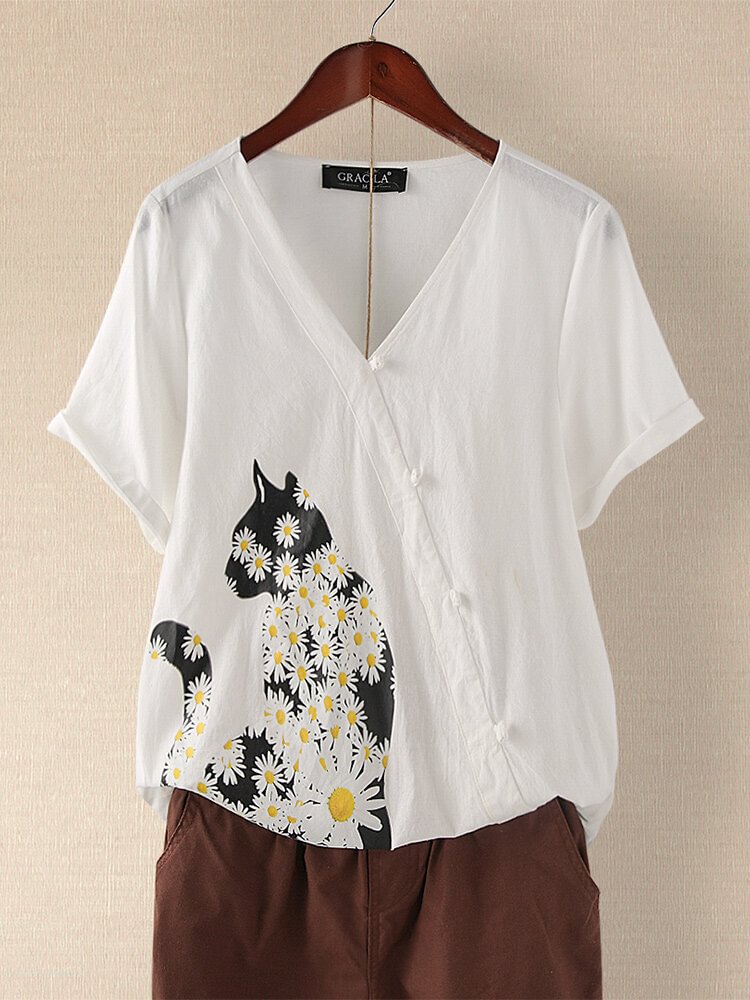 Daisy Cat Print Frog Button Short Sleeve Blouse For Women P1666169