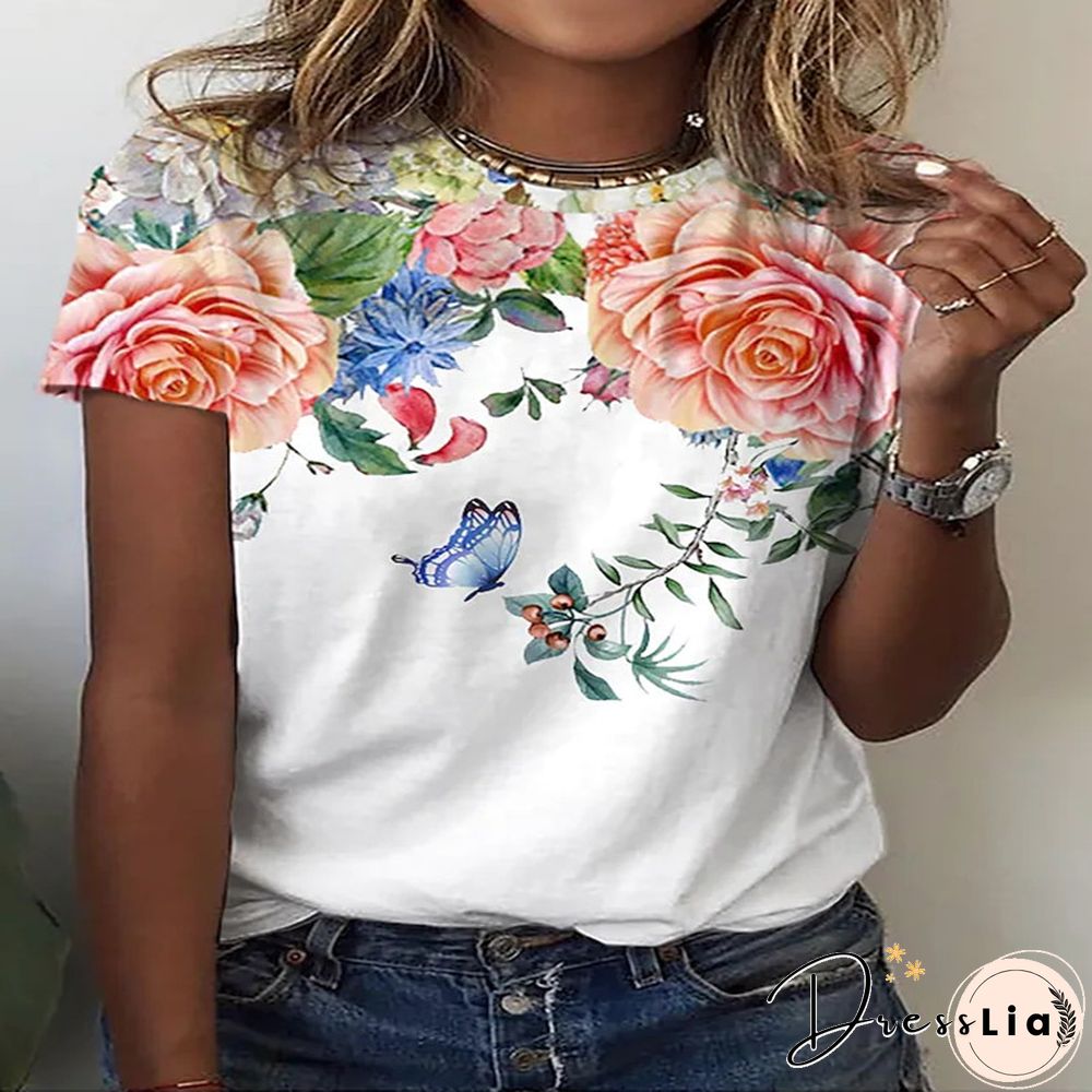 Summer New 3D Printing Ladies Casual Floral Theme Painting T-Shirt Printing Round Neck Soft Fashion Women's Clothing