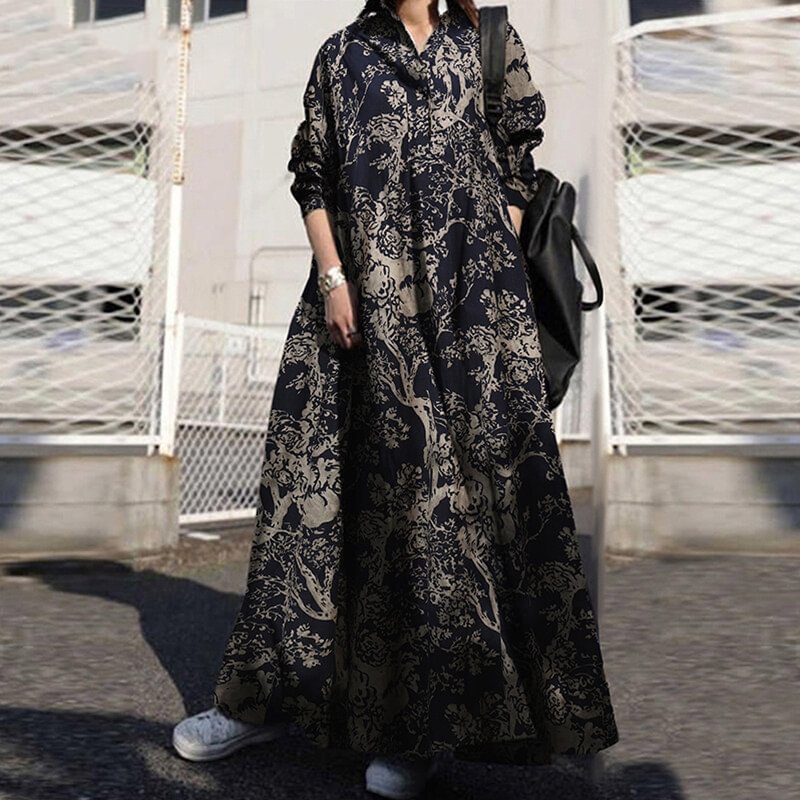 Vintage Cotton and Linen Printed Long Sleeve Dress