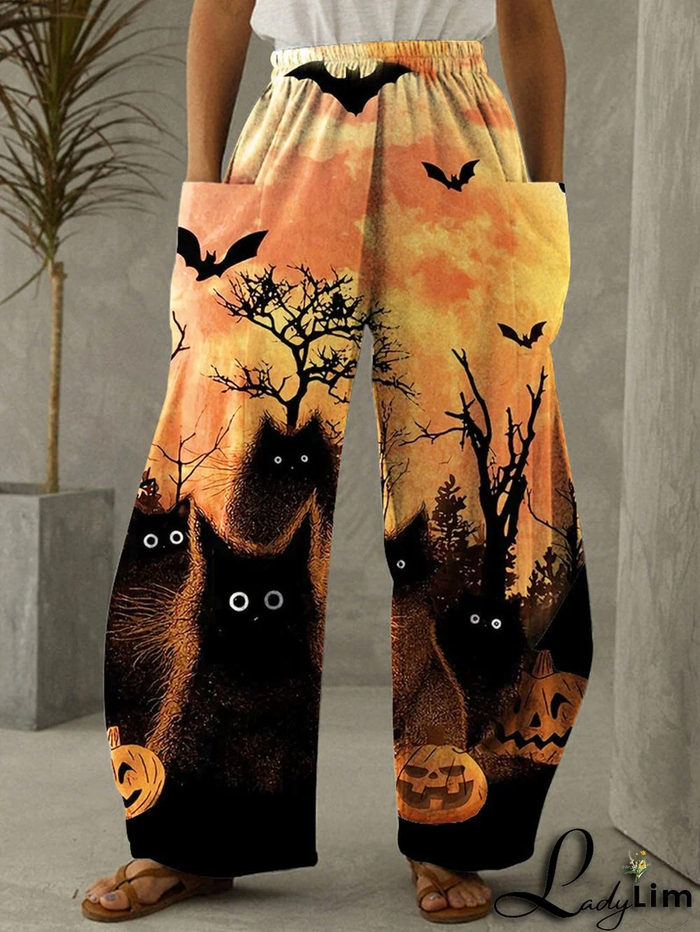 Halloween Bat Pumpkin Casual Pocket Wide Leg Pants