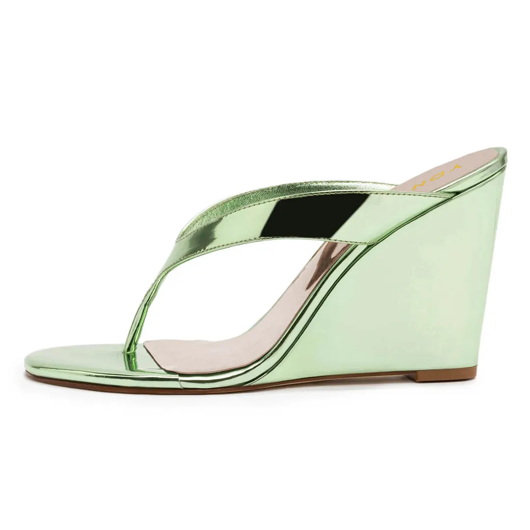 Light Green Metallic Finish Open Toe Wedge Sandals for Women
