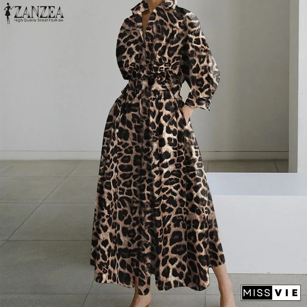 Womens Bohemian Leopard Print Maxi Dress Elegant Full Sleeve Casual Swing Mid-Calf