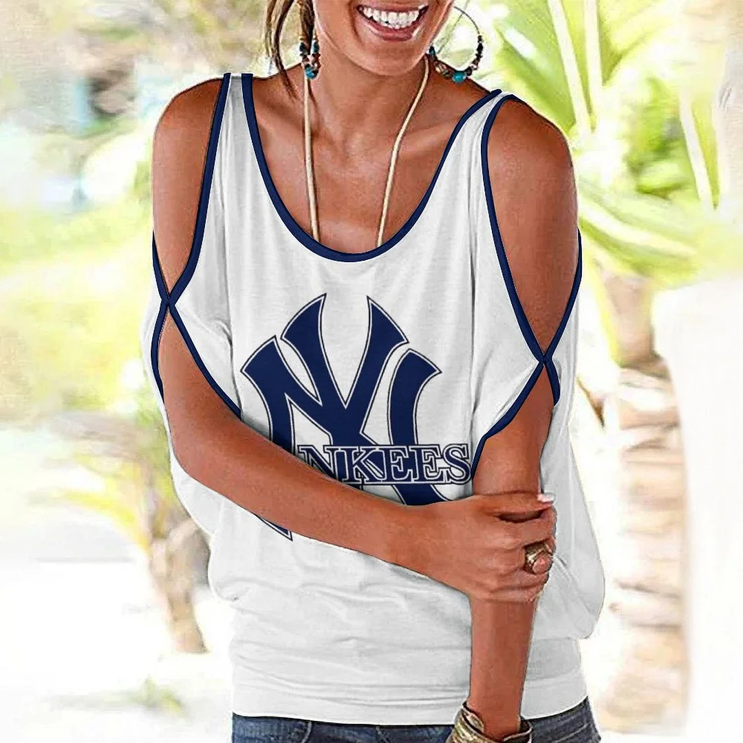 Shoulder Off  Loose Short Sleeve Casual T-shirt for Women Printed with Pattern,Blue