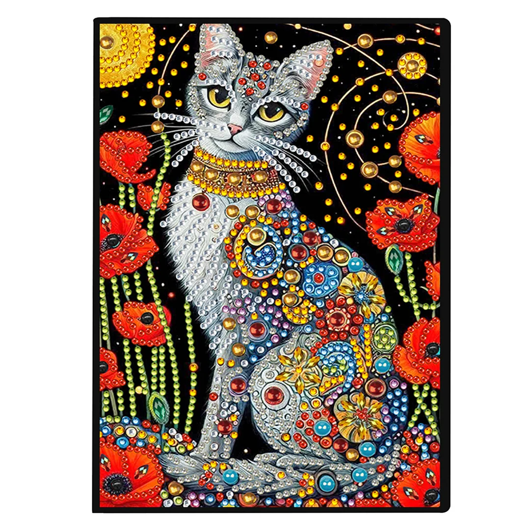 DIY Flower Diamond Painting Journals Notebooks 50 Pages A5 No Lines Special Shaped Diamond Art Kits for Beginners Craft Lovers and Artists (Cat and Flower)