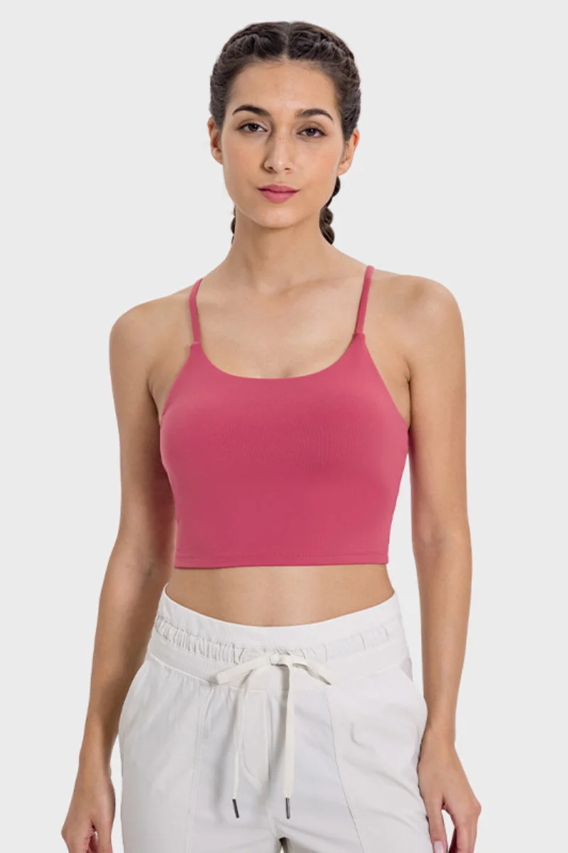 Solid Color U Neck Strappy Sporty Cropped Length Sexy Shockproof Athletic Yoga Top