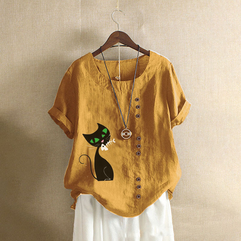 Groksage Woman Blouse 2025 Summer Retro Casual Loose Fitting Cotton And Linen Short Sleeved Pullover Shirt Ladies Botton Cat Print Tops