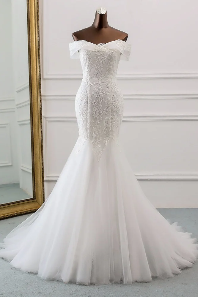 Off-the-Shoulder Long Mermaid Wedding Dress With Tulle Lace