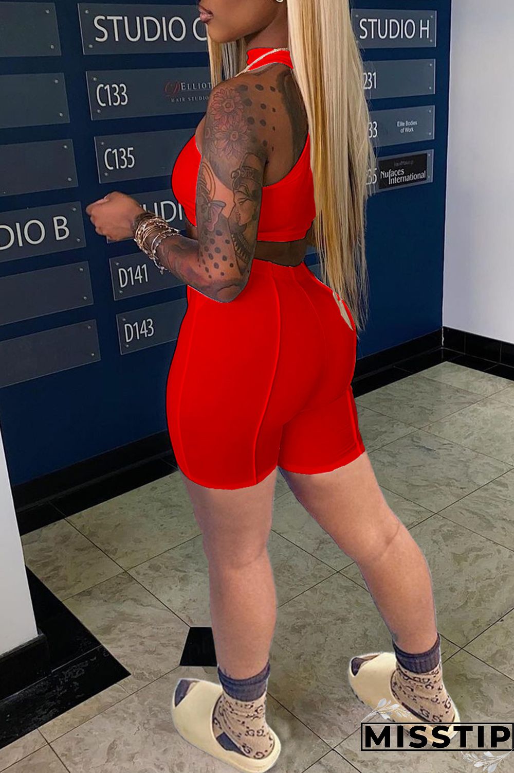 Orange Sexy Casual Solid Hollowed Out Half A Turtleneck Sleeveless Two Pieces