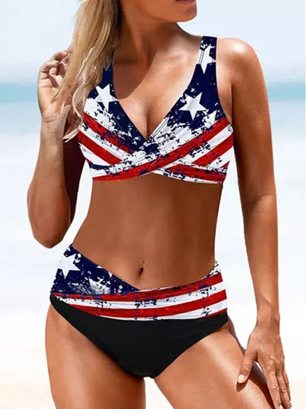 Women's American Flag Star Lace Up Bikini Set