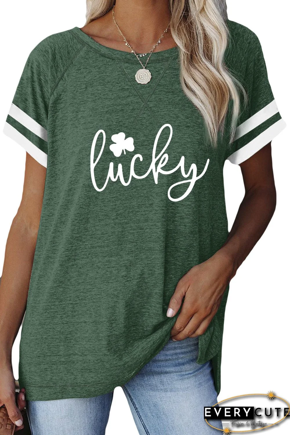 Green Lucky Clover Print Striped Short Sleeve T-shirt