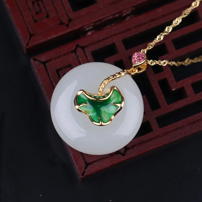 925 Sterling Silver White Jade Lotus Flower Leaf Protection Necklace Pendant