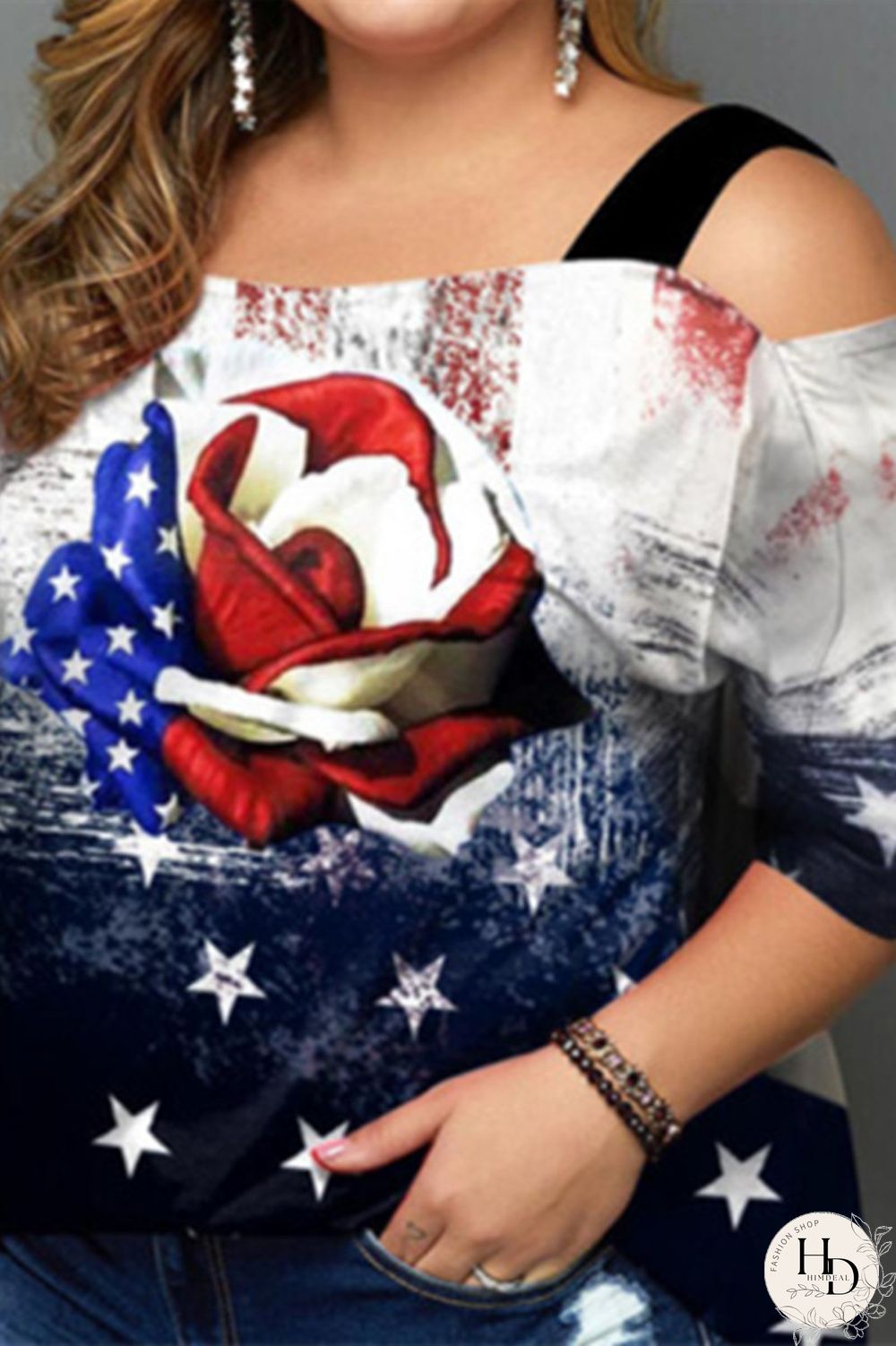 White Blue Red Fashion Casual Print Patchwork Off the Shoulder Plus Size Tops