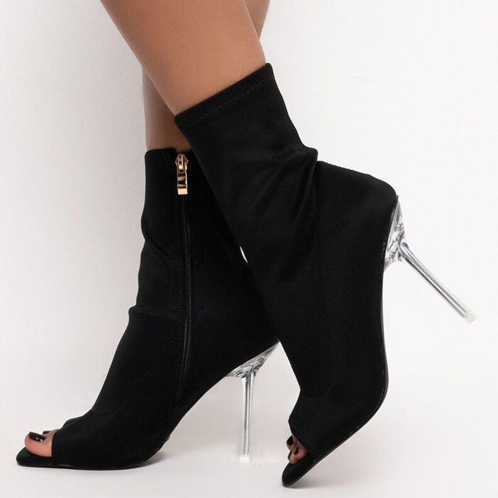 Stylish Black Sock Booties Open Toe Zipper Stiletto Heel Ankle Boots Nicepairs