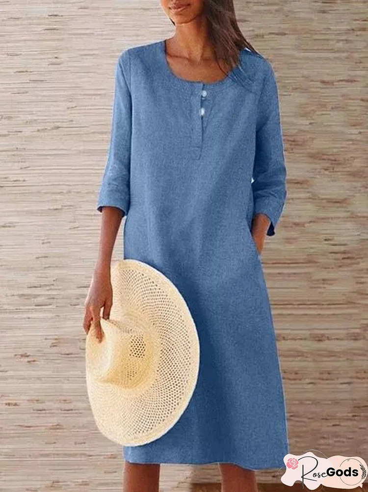 Solid Pockets Midi Dress 3/4 Sleeve Women Dress