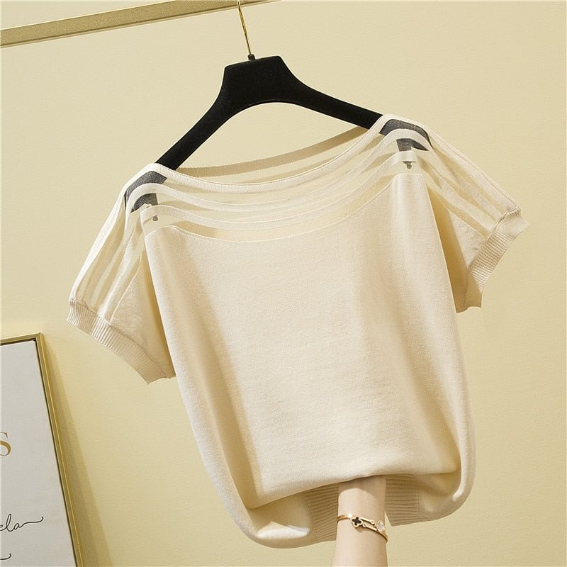 Plus Size Summer Short Sleeve Tshirt Women Loose Korean Slim Ice Silk Solid T-shirt O Neck Chic Splicing Casual Tee Blusas 13692