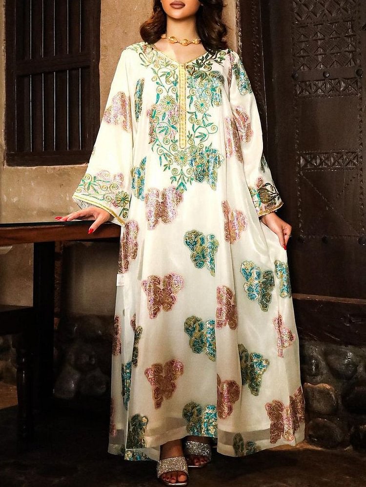 Floral Pattern Collar Long Sleeve Kaftan