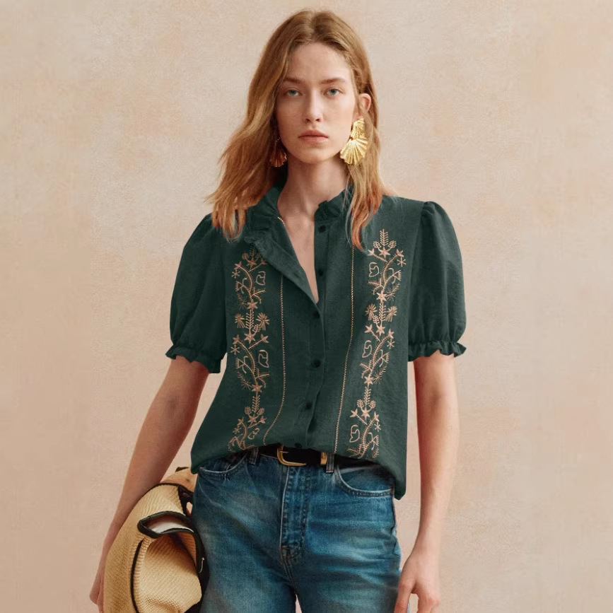 Floral Embroidered Ruffle Collar Puff Short Sleeve Blouse