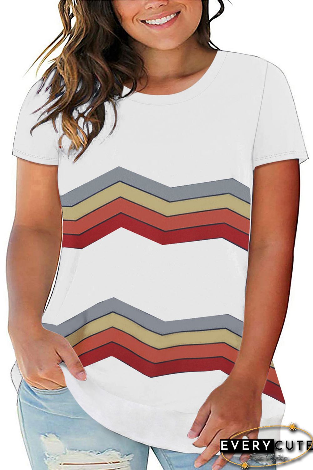 White Colorful Stripes Print Short Sleeve Plus Size Top