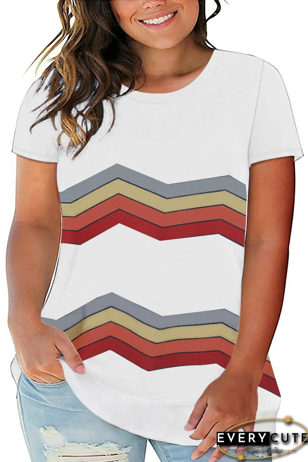 White Colorful Stripes Print Short Sleeve Plus Size Top
