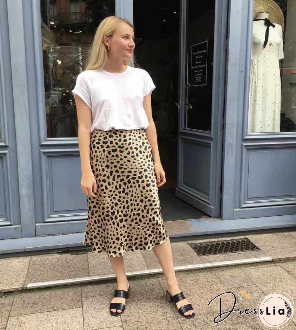 Retro Elastic Band High Waisted Leopard Print Satin Midi Skirt