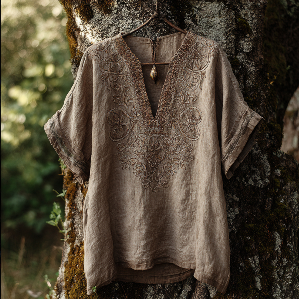 Comstylish Antique Pattern Short-sleeved V-neck Top