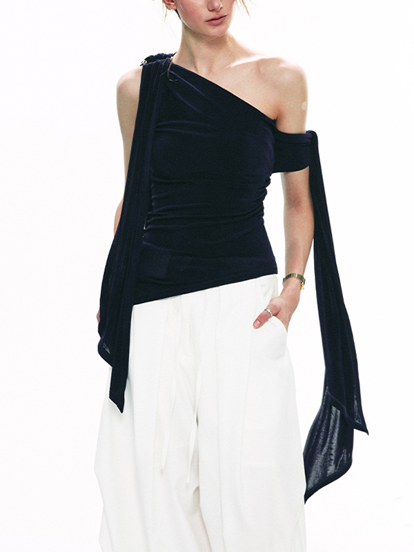 One Shoulder Asymmetrical Solid Color Velvet Top