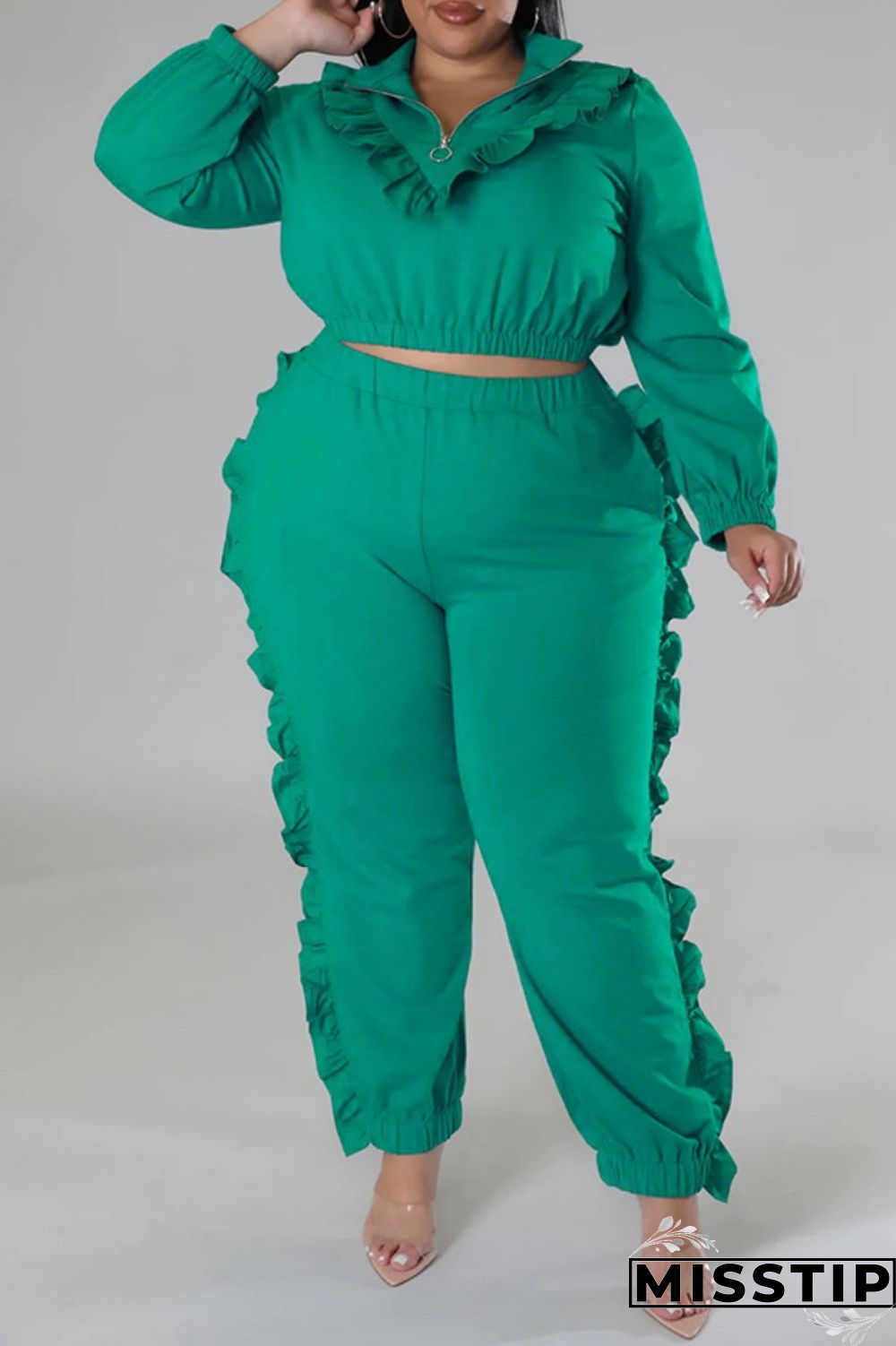 Black Casual Solid Patchwork Zipper Collar Plus Size Two Pieces