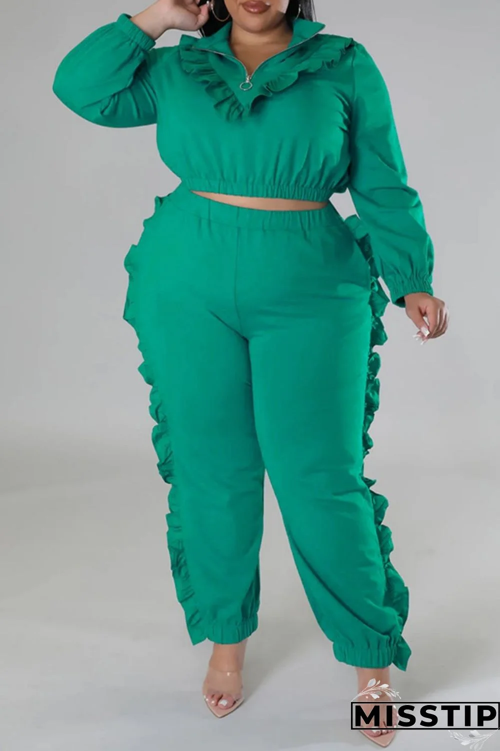 Black Casual Solid Patchwork Zipper Collar Plus Size Two Pieces