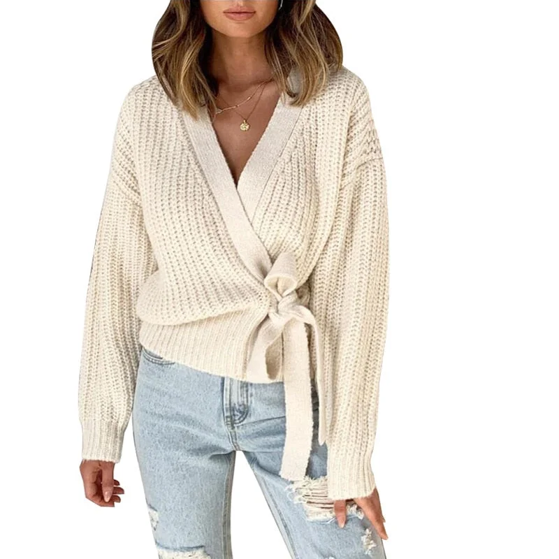 Zoki Cardigans Sweater Women Fashion Bandage Tunic Female Knit Jacket Casual Spring Long Sleeve V Neck Solid Streetwear Jumper