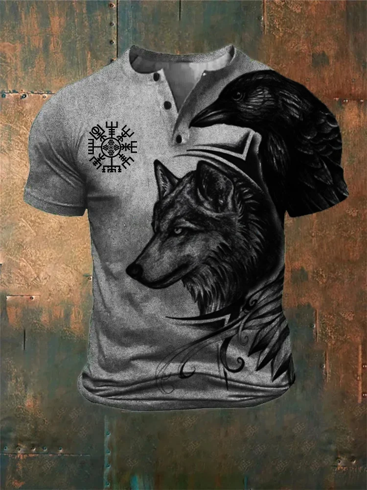 Men's Viking Vegvisir Raven & Wolf Graphic Henley Shirt